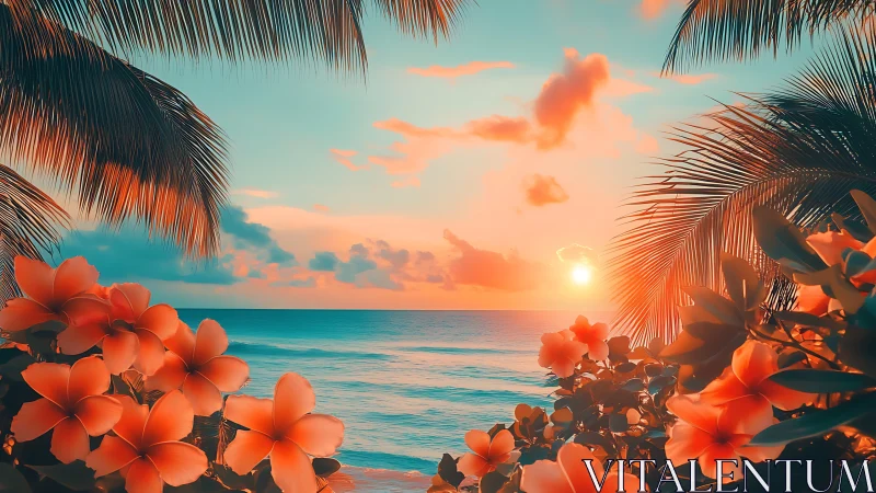 Tropical sunset seascape framed by palms and orange flora.