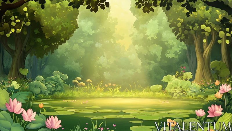 Forest glade with pond and flowering plants illuminated by diffuse light.