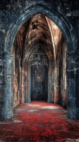 Gothic stone hallway washed in weathered ember light.