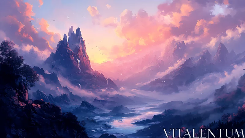Sunrise mist rolls through luminous fantasy mountain valley