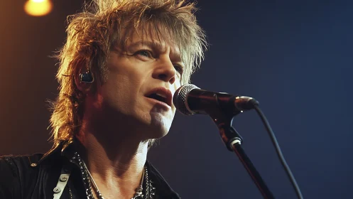 Rock vocalist in concert lighting with cardioid microphone focus.