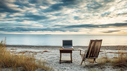 Portable coastal workstation with laptop under stratified sky.