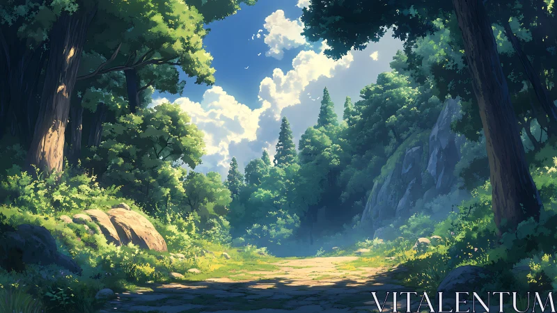 Enchanted Forest Valley with Towering Trees and Sky Opening.