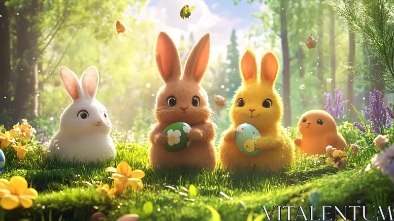Sunlit forest bunnies guarding pastel egg treasures together.