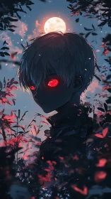 Blood-red gaze beneath moonlit forest canopy at dusk.