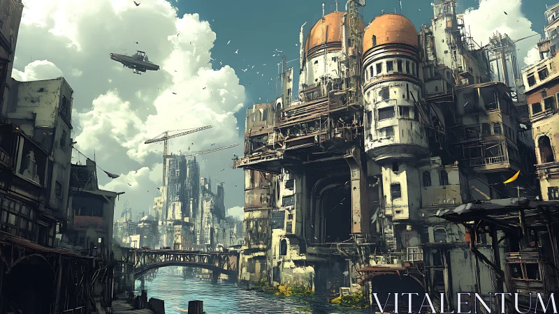 Postindustrial canal megastructure in layered concept art.