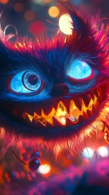 Neon-furred monster grinning under electric bokeh glow.