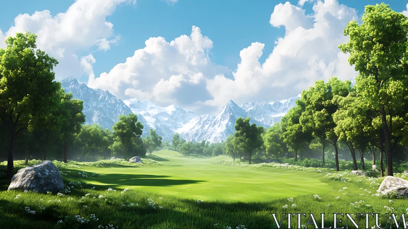 Mountain meadow landscape with vivid trees and glowing grass.