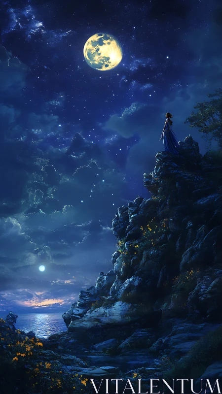 Woman on seaside cliff under bright moonlit night sky.