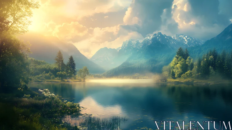 Sunlit alpine lake with misted mountains and forests.