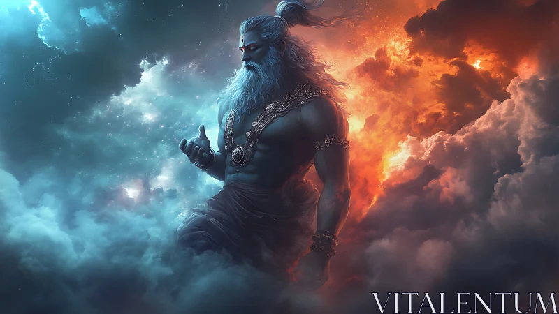 Celestial storm deity strides through swirling cosmic clouds