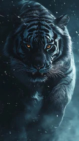Nocturnal tiger advances through snow in dramatic blue lighting