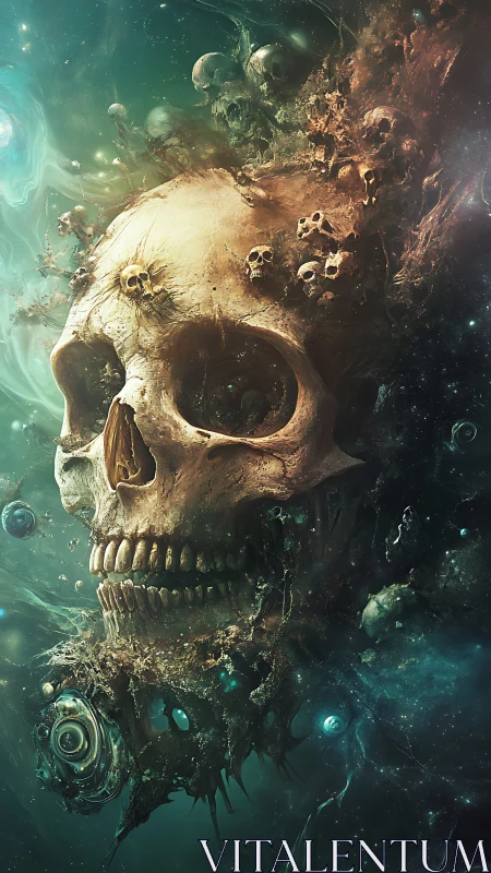 Cosmic necrotic skull dissolves into orbiting astral debris