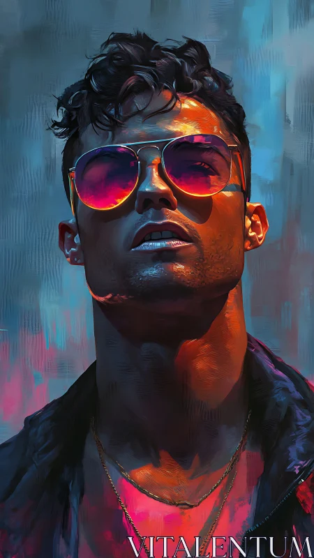 Chromatic portrait with reflective aviators and rim lighting.