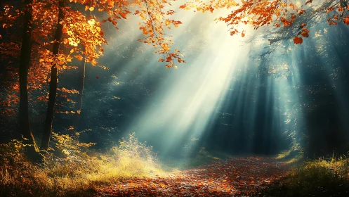 Deciduous Forest Canopy with Volumetric Light Rays in Autumn