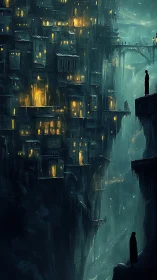 Cliffside city with glowing windows above deep chasm at night.