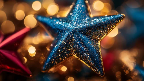 Glitter-coated star ornament photographed in shallow focus