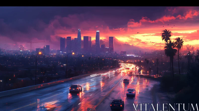 Rain-soaked city freeway under neon sunset sky glow.