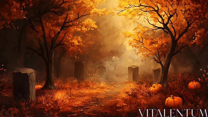 Autumn graveyard pathway under cinematic golden backlight.