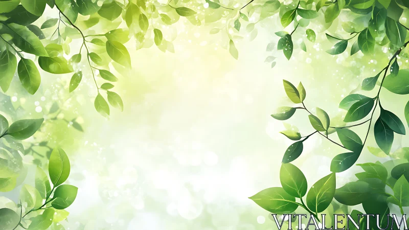 Gentle green leaves framing a soft, sunlit forest glow.