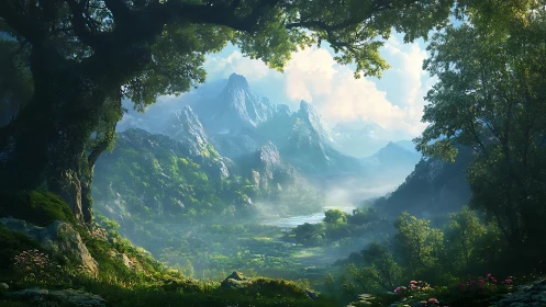 Mountain valley vista framed by dense forest canopy