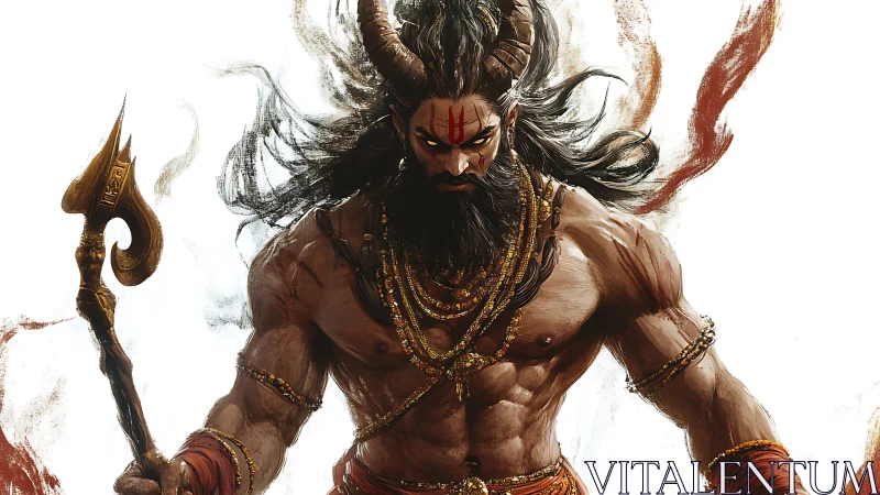Mythic horned ascetic warrior with trident in dynamic stance.