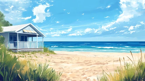 Coastal Beach House with Azure Ocean and Cumulus Sky.