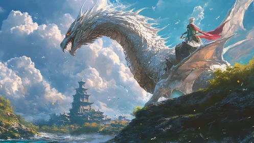 Aerodynamic white dragon mount surveying coastal citadel horizon.