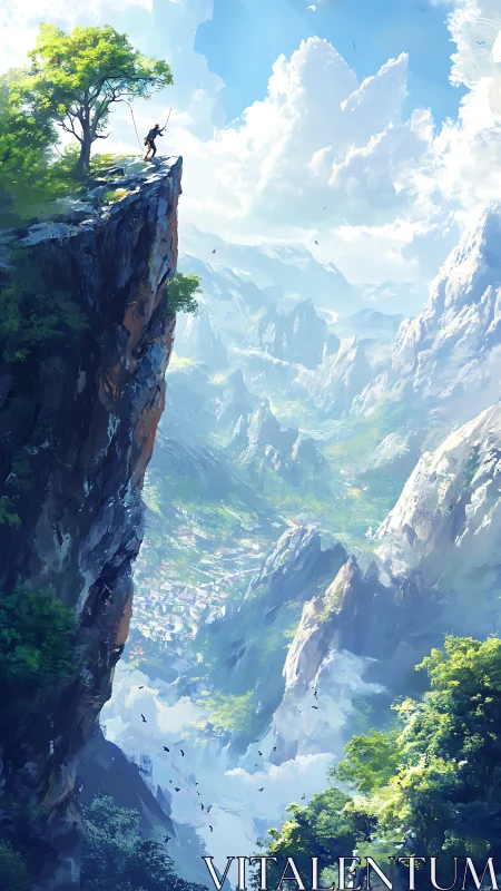 Clifftop archer surveying volumetric-lit alpine valley panorama.