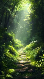 Stone Path Through Sunlit Forest. Peaceful Journey.