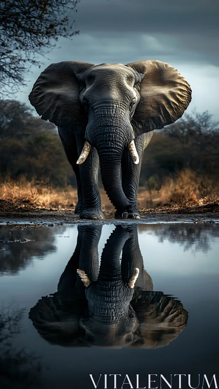 Elephant at waterhole with full body reflection in pool.