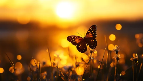 Delicate Butterfly in Golden Sunset Field, Dreamy Nature Photography.