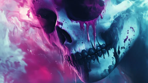 Neon dripping skull in swirling pink and cyan mist.