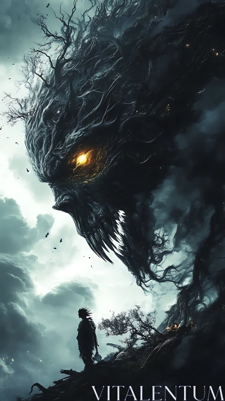 Storm-torn wanderer weighs silence beneath a rootstorm god