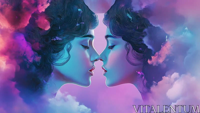 Dual neon portraits merge within iridescent vapor clouds.