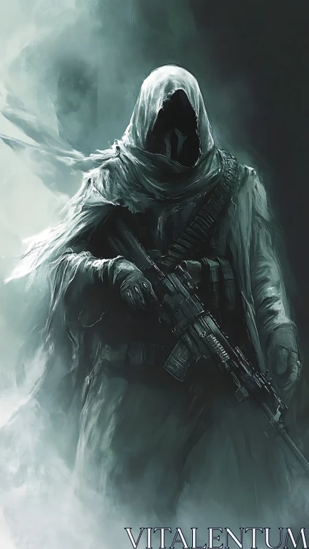 Ghost sniper stalks frozen battlefield in spectral fog.