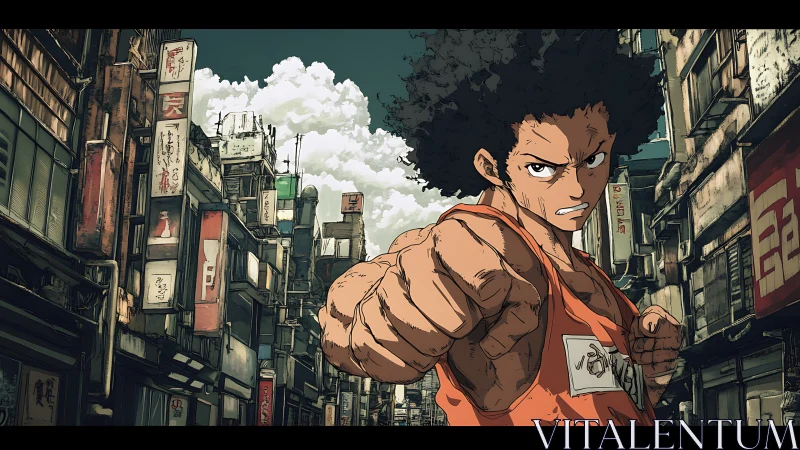 Street-brawler hero punching through a rusted neon skyline.