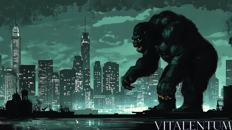 Midnight city skyline greets a towering gentle giant ape