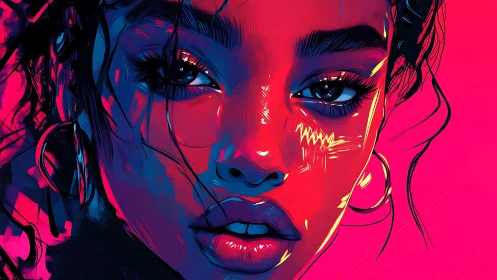 Neon-lit digital portrait of woman with intense gaze.