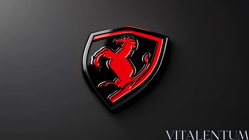 Red prancing horse emblem on black shield shaped badge.