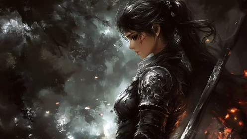 Warrior woman stands in embers and mist, lost in resolve