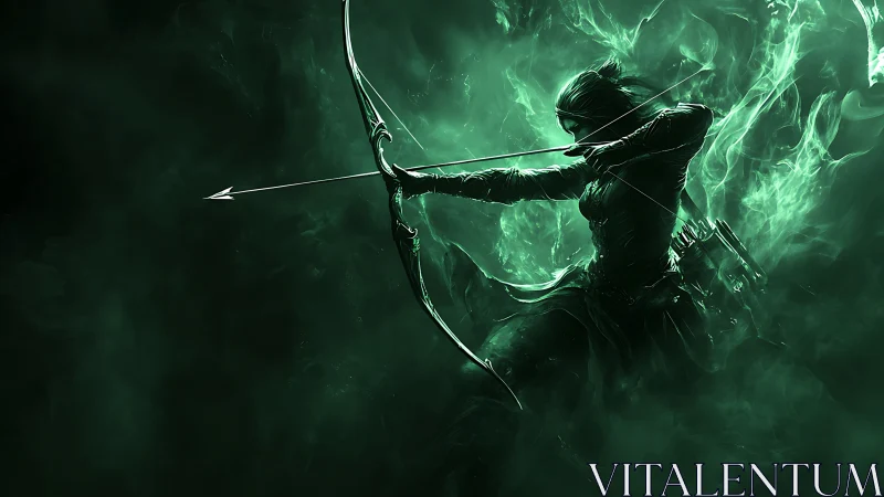 Emerald spectral archer draws luminous bow in swirling void