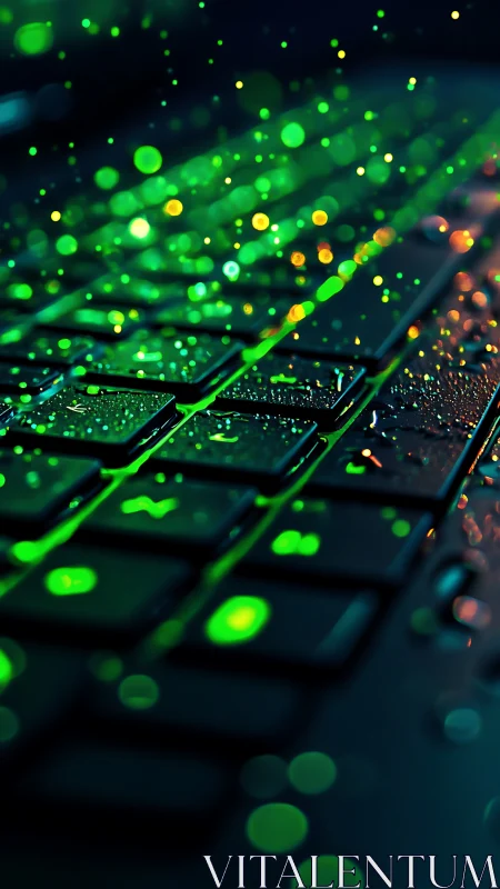 Backlit keyboard macro isolates neon droplets in shallow focus