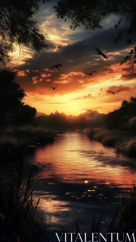 Golden river sunset where quiet birds circle home.