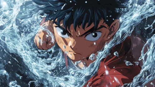 Determined anime fighter punches through swirling water barrier