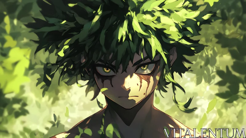 Leaf haired forest youth with intense golden gaze.