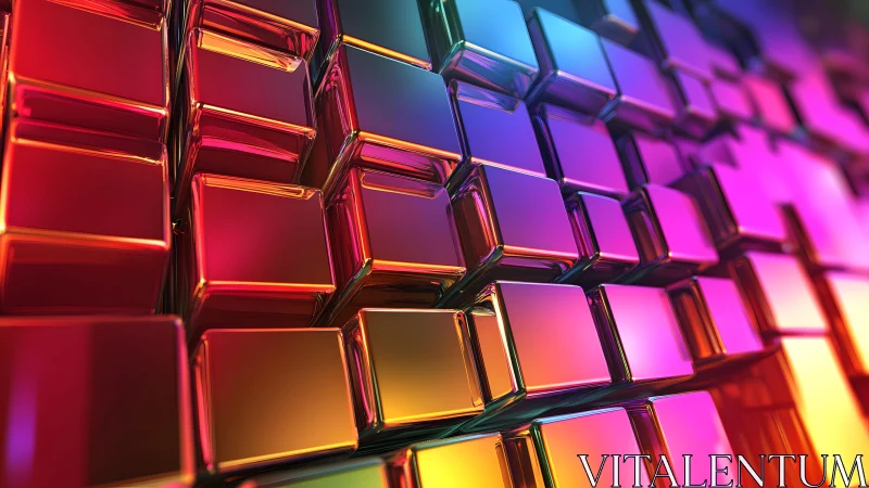 Chromatic metal cubes rise in a luminous abstract grid