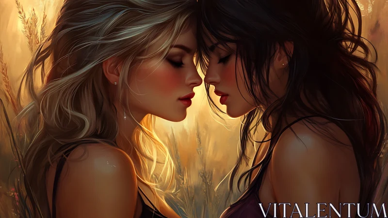 Two women in warm golden light share intimate moment.