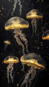 Golden jellyfish drift like slow fireworks in deep water