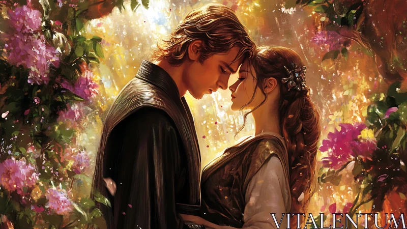 Romantic Embrace Surrounded by Luminous Floral Garden